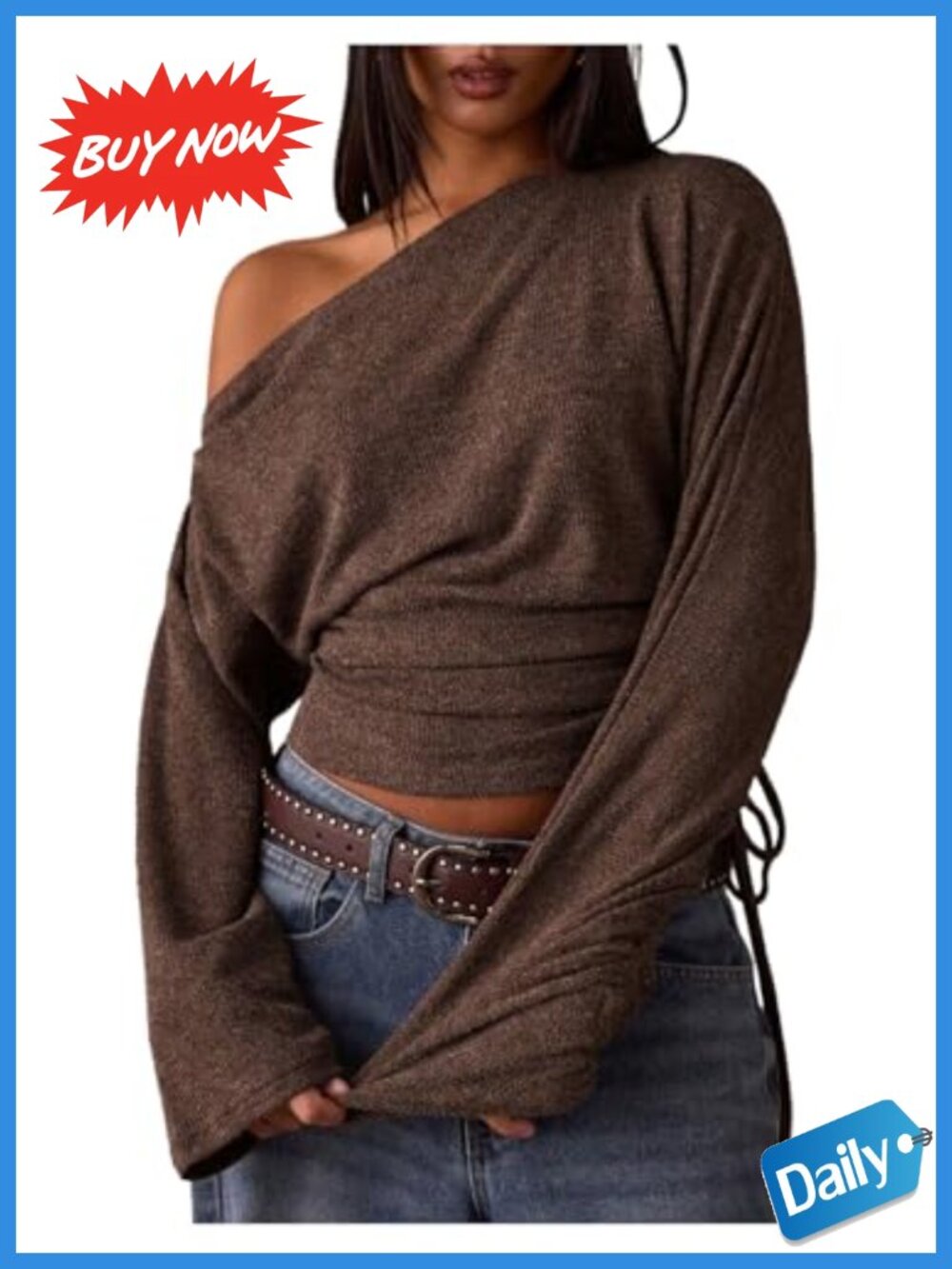 Women's Off Shoulder Long Sleeve Crop Top Rib Knit Ruched Asymmetrical Tee